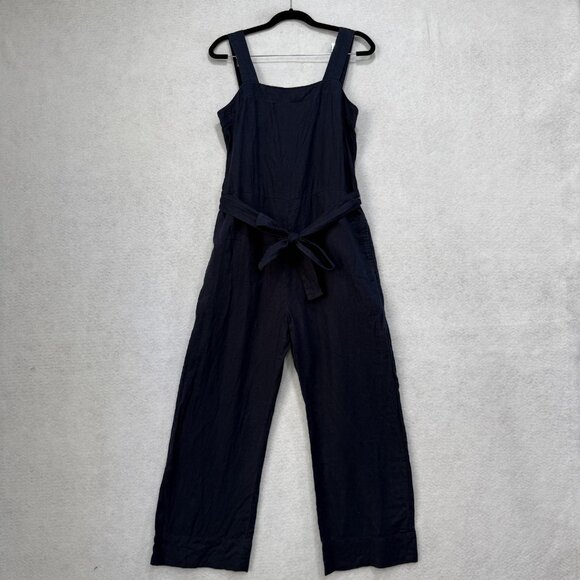 Quince Jumpsuit Womens XS Navy 100% Linen Wide Leg Tie Waist Pockets Square Neck - Picture 2 of 13